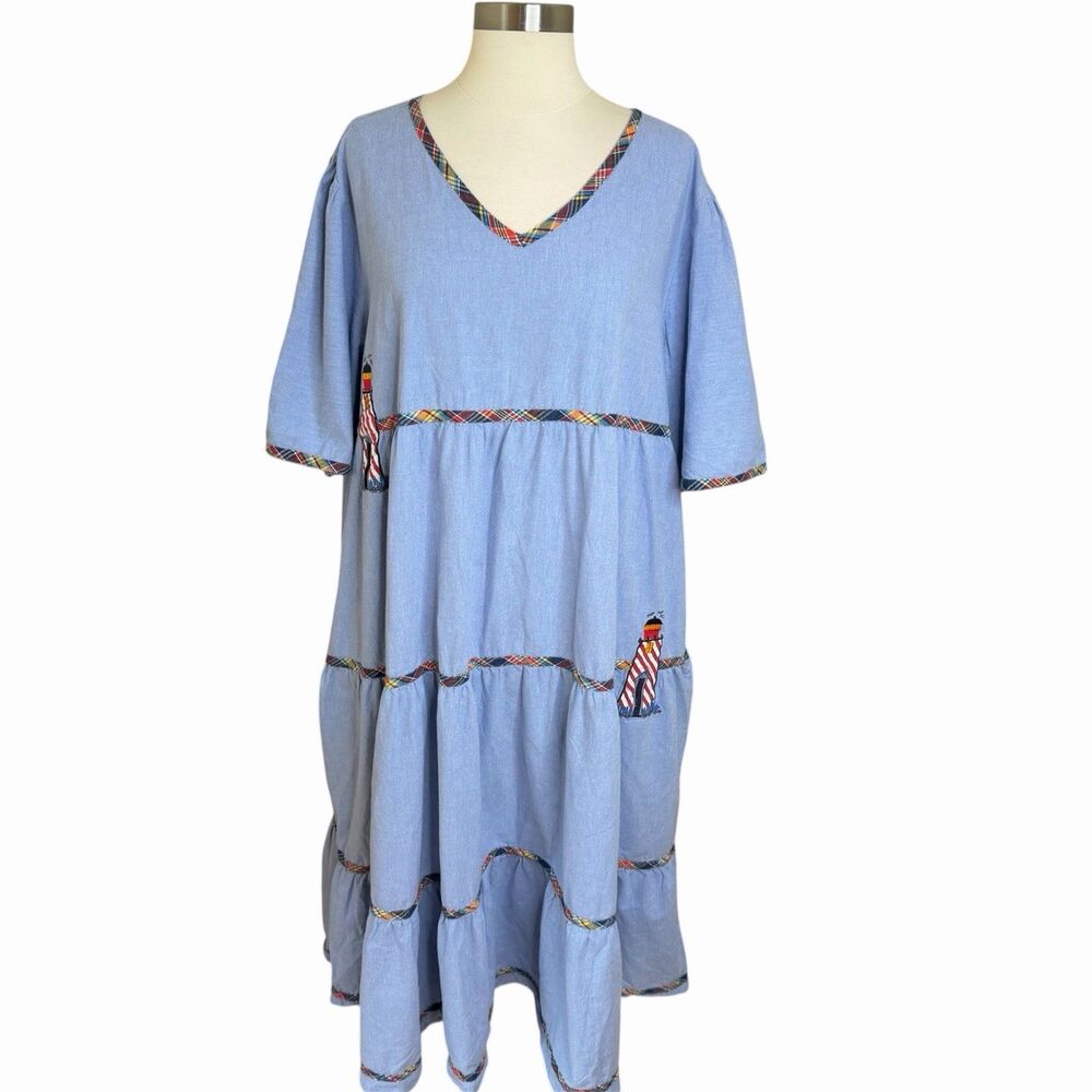 VTG Blair Blue Cotton Tiered Dress 2XL Coastal Lighthouse Plaid Trim Chambray